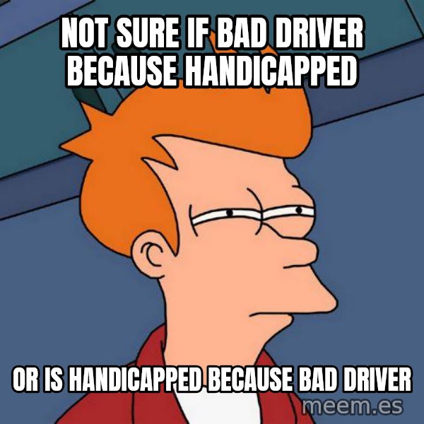 Futurama Fry meme: not sure if bad driver because handicapped / or is handicapped because bad driver