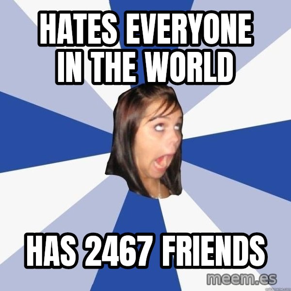 Annoying Facebook Girl meme: Hates everyone in the world / has 2467 friends