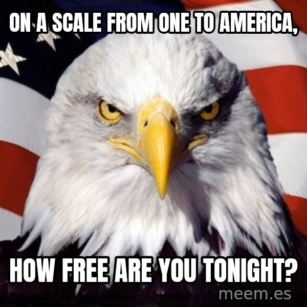 American Pride Eagle meme: on a scale from one to america, / how free are you tonight?