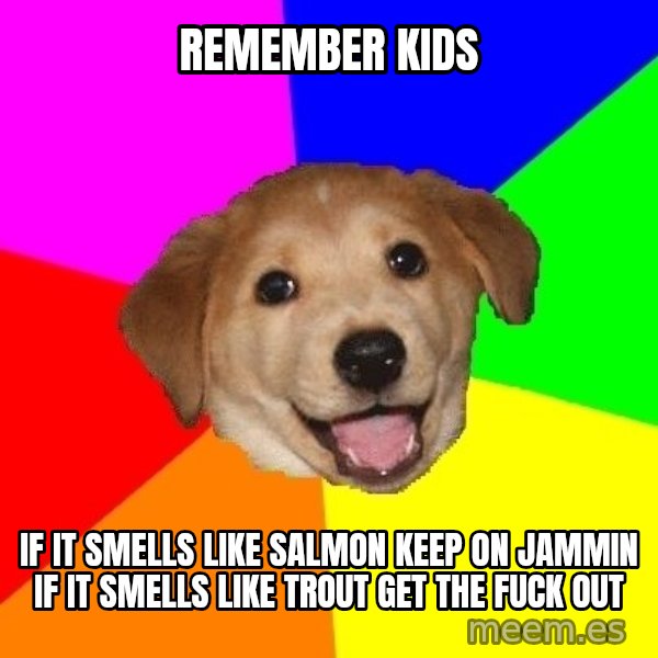 Advice Dog meme: REMEMBER kids / if it smells like salmon keep on jammin if it smells like trout get the fuck out