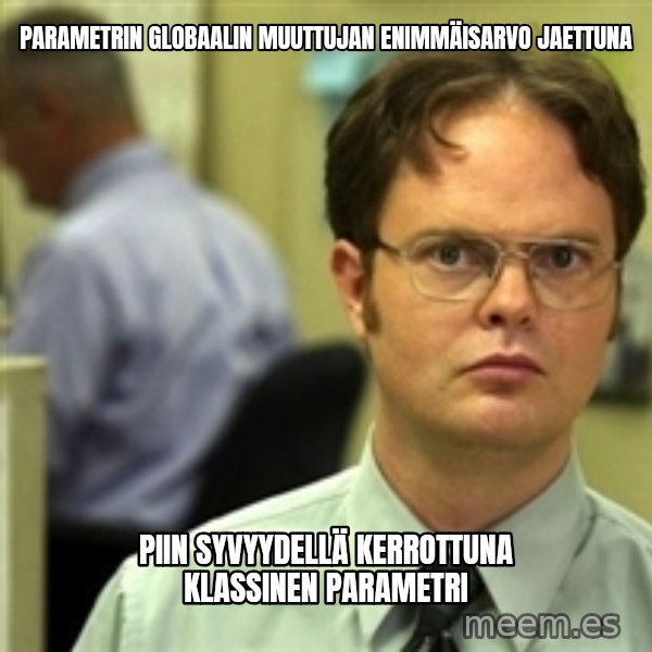 Dwight Schrute meme: parametrin globaalin muuttujan enimmäisarvo jaettuna / piin syvyydellä kerrottuna klassinen parametri