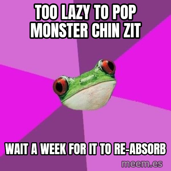 Foul Bachelorette Frog meme: too lazy to pop monster chin zit / wait a week for it to re-absorb