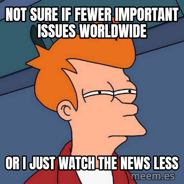 Futurama Fry meme: NOT SURE IF FEWER IMPORTANT ISSUES WORLDWIDE / OR I JUST WATCH THE NEWS LESS