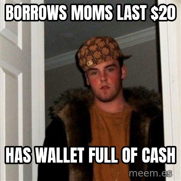 Scumbag Steve meme: Borrows moms last $20 / has wallet full of cash