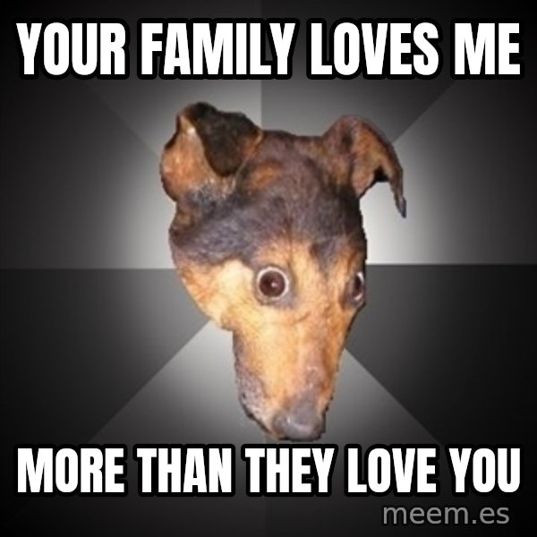 Depression Dog meme: Your family loves me / More than they love you