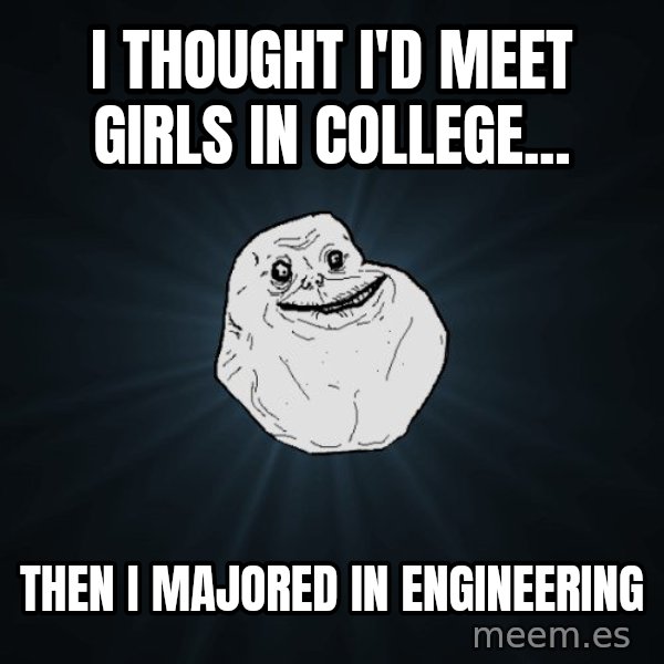 Forever Alone meme: i thought i'd meet girls in college... / then i majored in engineering