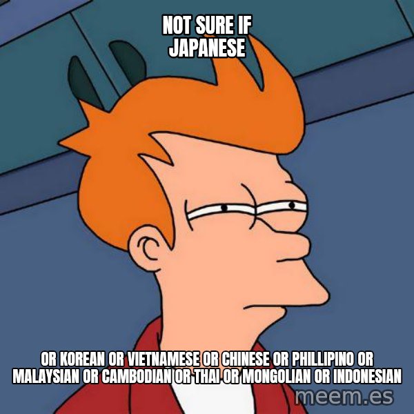 Futurama Fry meme: not sure if japanese / or korean or vietnamese or chinese or phillipino or malaysian or cambodian or thai or mongolian or indonesian