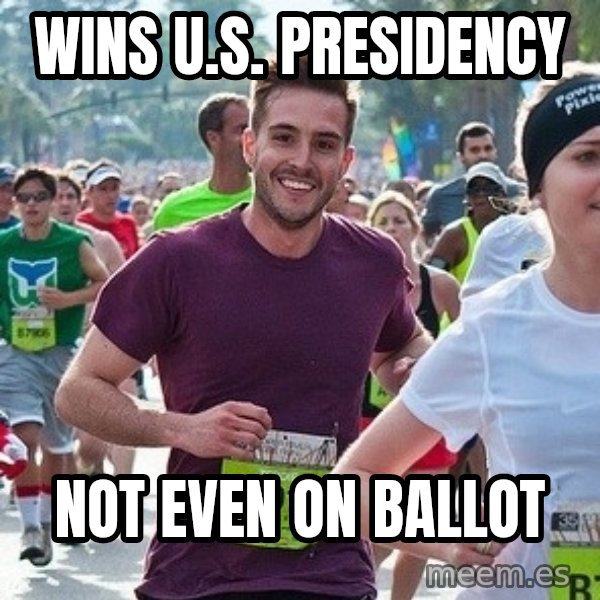 Ridiculously photogenic guy (Zeddie) meme: wins u.s. presidency / not even on ballot