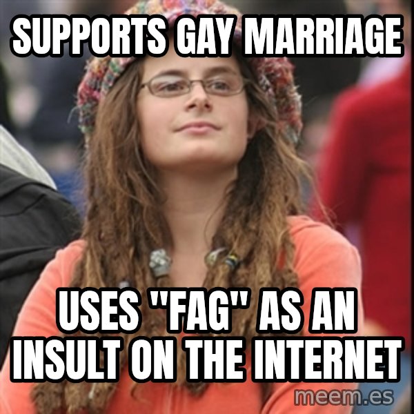 College Liberal meme: Supports Gay marriage / uses "fag" as an insult on the internet