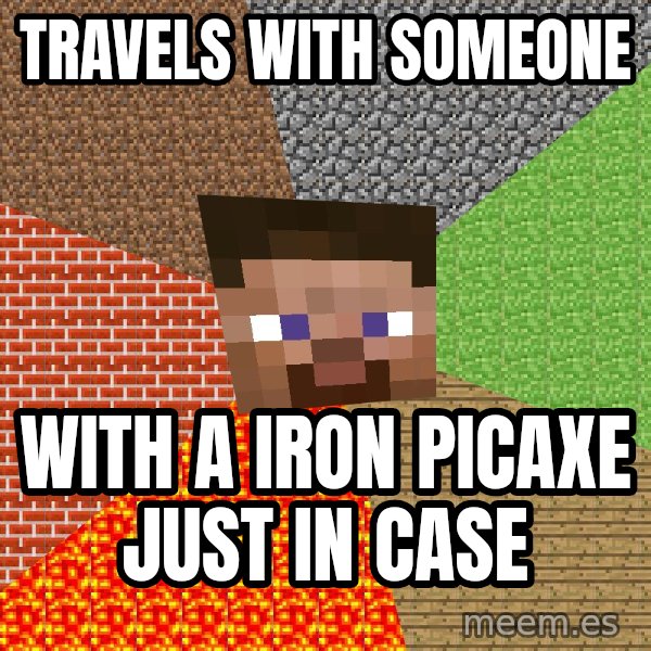 Minecraft Guy meme: Travels with someone / With a iron picaxe just In case