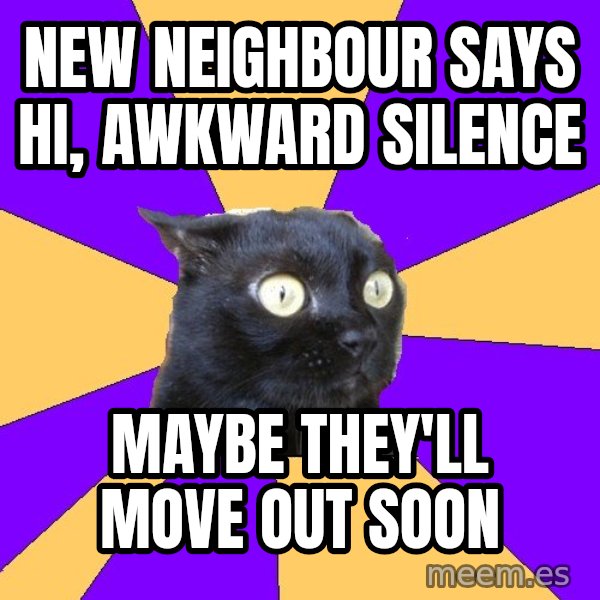 Anxiety Cat meme: New NEighbour Says Hi, AWKWARD SILENCE / MAYBE THEY'LL MOVE OUT SOON