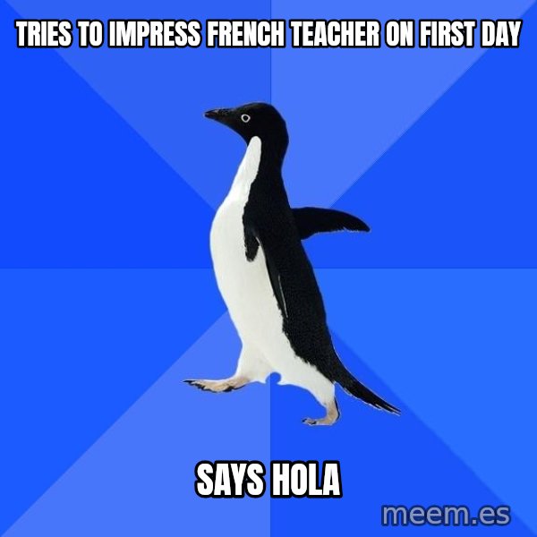 Socially Awkward Penguin meme: Tries to Impress french teacher on first day / says Hola