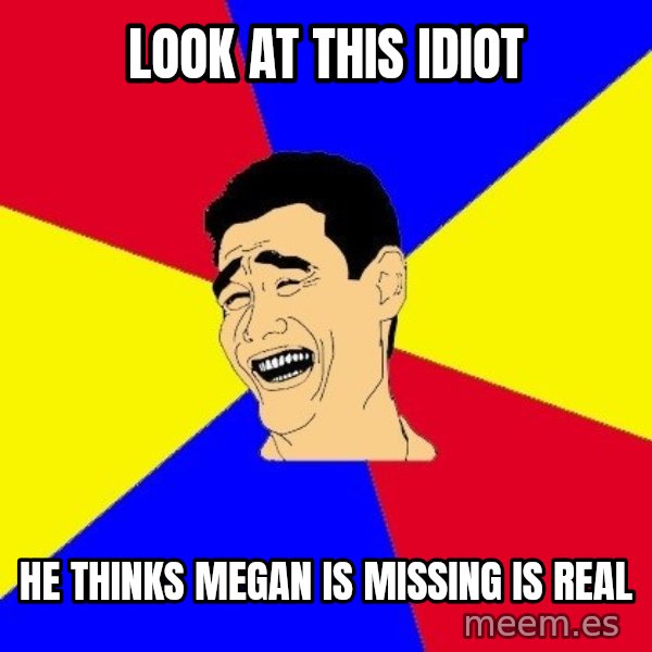 journalist meme: LOOK AT THIS IDIOT / HE THINKS MEGAN IS MISSING IS REAL
