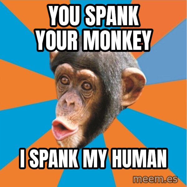 Stupid Monkey meme: you spank your monkey / i spank my human