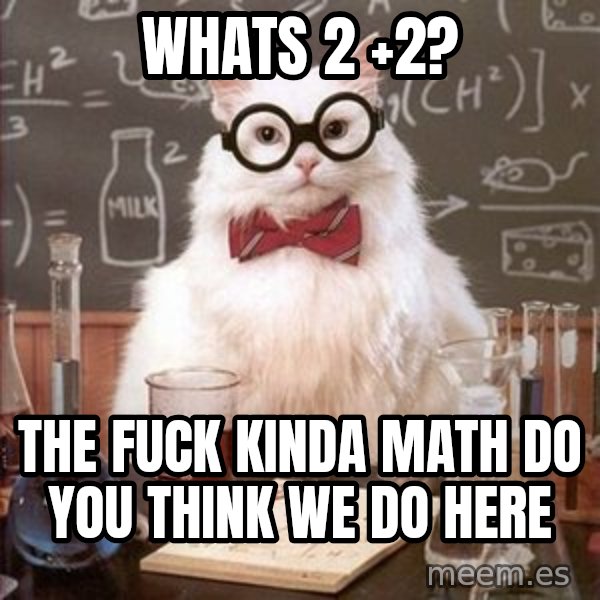 Chemistry Cat meme: WHATS 2 +2? / THE FUCK KINDA MATH DO YOU THINK WE DO HERE