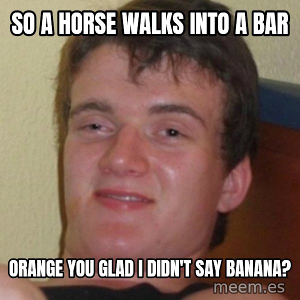 Stoner Guy meme: so a horse walks into a bar / orange you glad i didn't say banana?