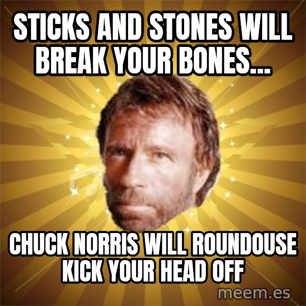 Chuck Norris Advice meme: Sticks and stones will break your bones... / chuck norris will roundouse kick your head off