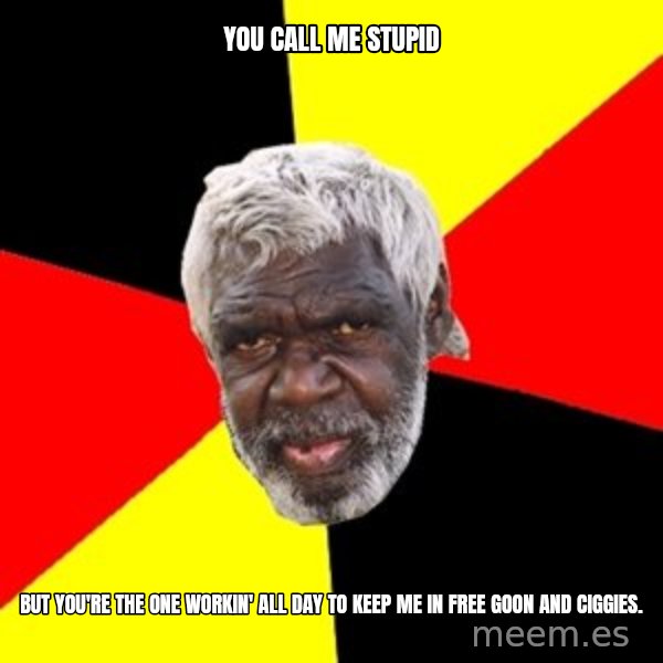 Aboriginal meme: you call me stupid / but You're the one workin' all day to keep me in free Goon and Ciggies.