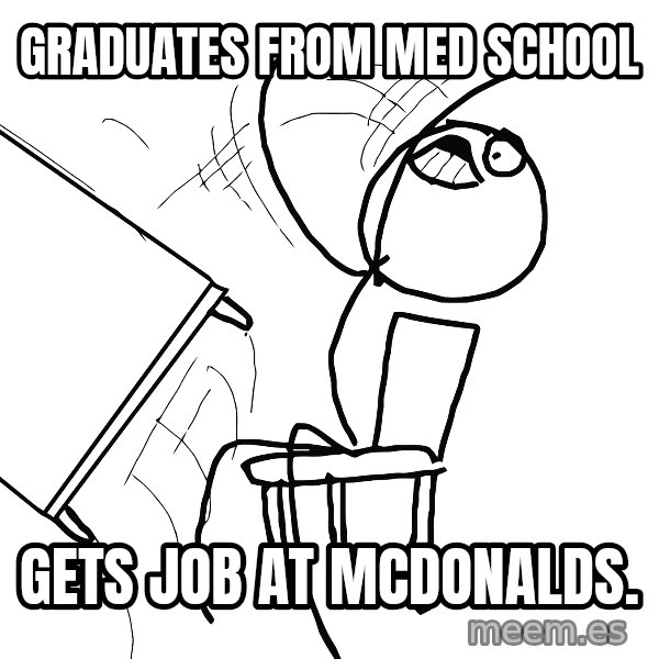 Desk Flip Rage Guy meme: graduates from med school / gets job at mcdonalds.