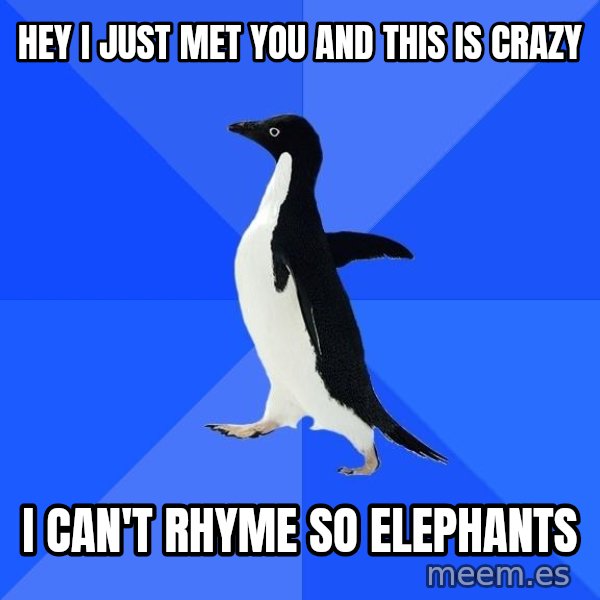 Socially Awkward Penguin meme: hEY I JUST MET YOU AND THIS IS CRAZY / I CAN'T RHYME SO     ELEPHANTS