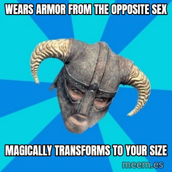 skyrim stan meme: wears armor from the opposite sex / magically transforms to your size