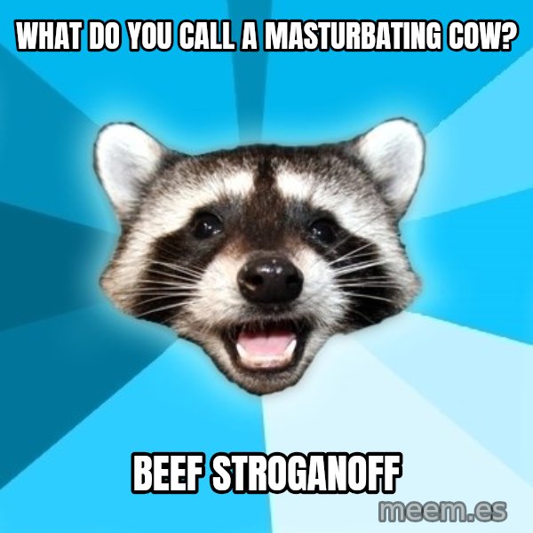 Lame Pun Coon meme: what do you call a masturbating cow? / beef stroganoff