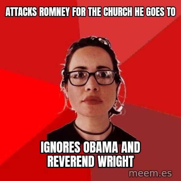 Liberal Douche Garofalo meme: attacks romney for the church he goes to / ignores obama and reverend wright