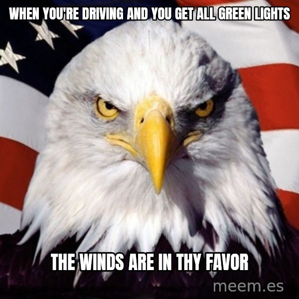 American Pride Eagle meme: when you're driving and you get all green lights / The winds are in thy favor