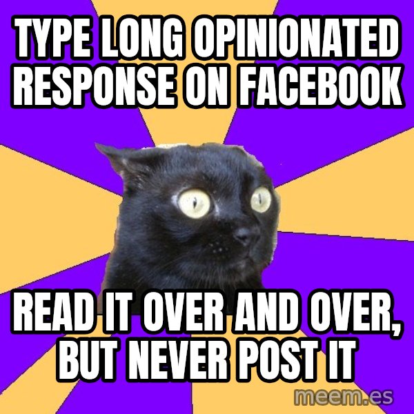 Anxiety Cat meme: type long opinionated response on facebook / read it over and over, but never post it