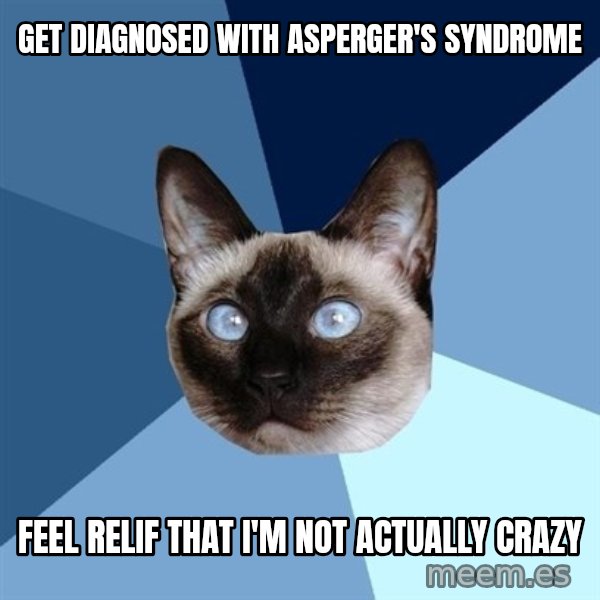 Chronic Illness Cat meme: Get diagnosed with asperger's syndrome / feel relif that i'm not actually crazy