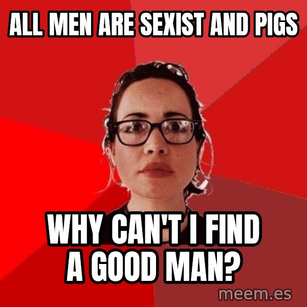 Liberal Douche Garofalo meme: ALL MEN ARE SEXIST AND PIGS / WHY CAN'T I FIND A GOOD MAN?