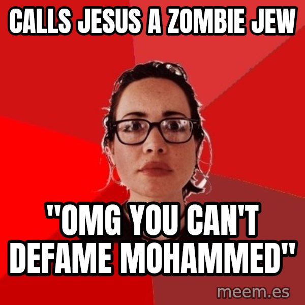 Liberal Douche Garofalo meme: calls jesus a zombie jew / "OMG you can't defame Mohammed"