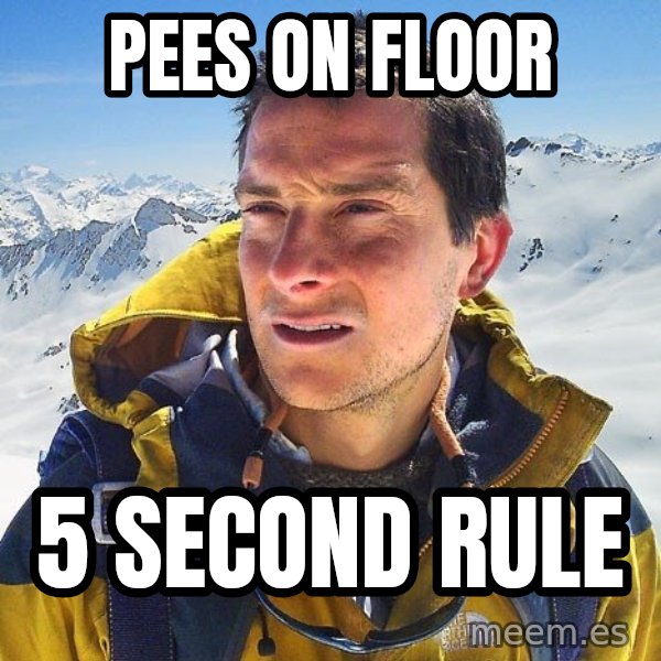 Bear Grylls Loneliness meme: Pees on floor / 5 second rule
