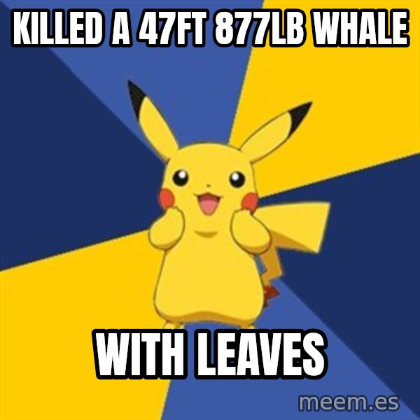 Pokemon Logic  meme: killed a 47ft 877lb whale / with leaves