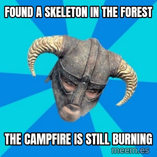 skyrim stan meme: Found a skeleton in the forest / The campfire is still burning