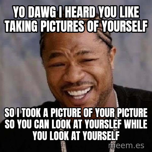 Yo Dawg meme: yo dawg i heard you like taking pictures of yourself / so i took a picture of your picture so you can look at yourslef while you look at yourself