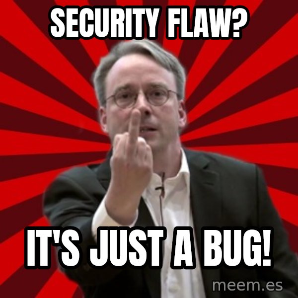 Angry Linus meme: Security FLAW? / It's just a bug!