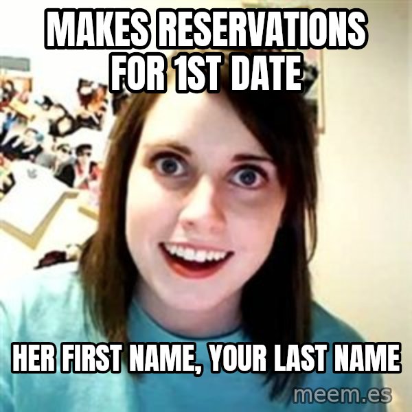 Overly Attached Girlfriend meme: Makes reservations for 1st date / her first name, your last name