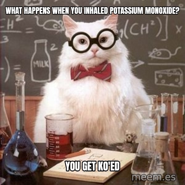 Chemistry Cat meme: WHAT HAPPENS WHEN YOU INHALED POTASSIUM MONOXIDE? / YOU GET KO'ED