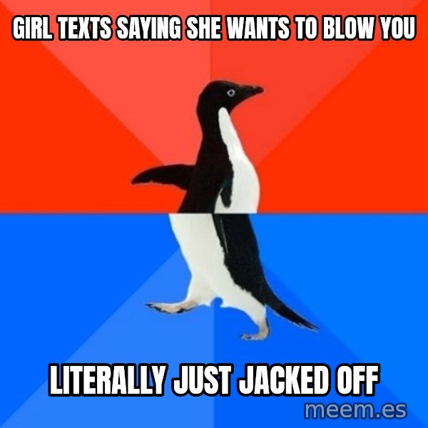 Socially Awesome Awkward Penguin meme: Girl texts saying she wants to blow you / Literally just jacked off