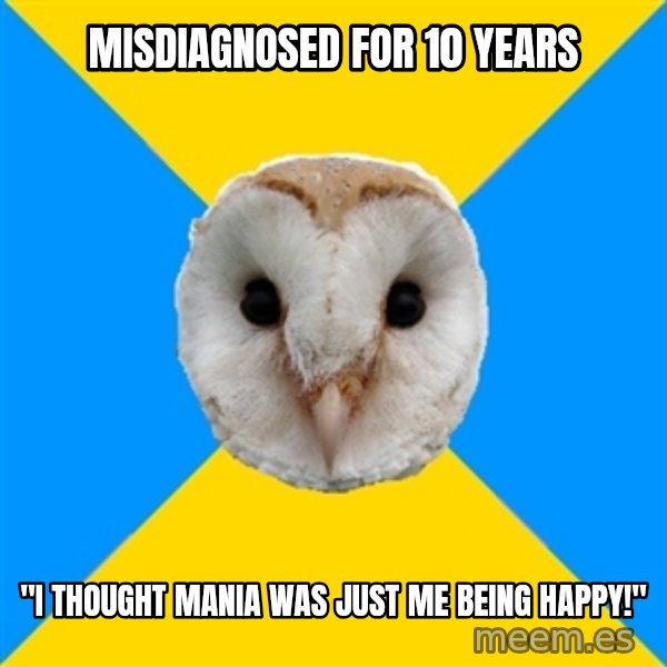 Bipolar Owl meme: MISDIAGNOSED FOR 10 YEARS / "I THOUGHT MANIA WAS JUST ME BEING HAPPY!"