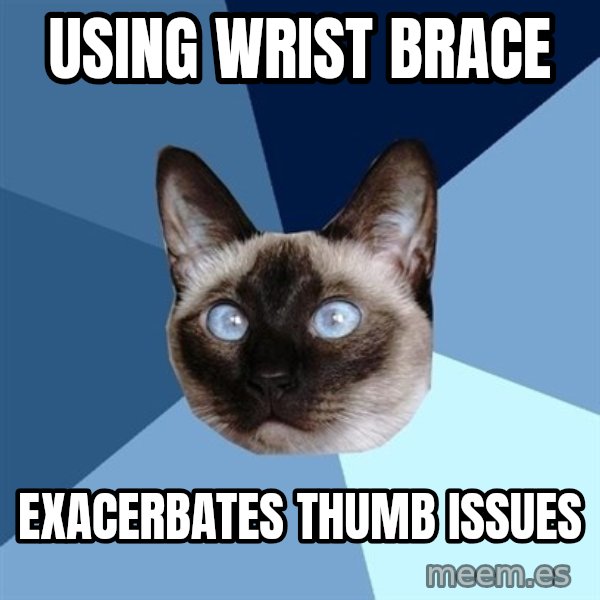 Chronic Illness Cat meme: using wrist brace / exacerbates thumb issues