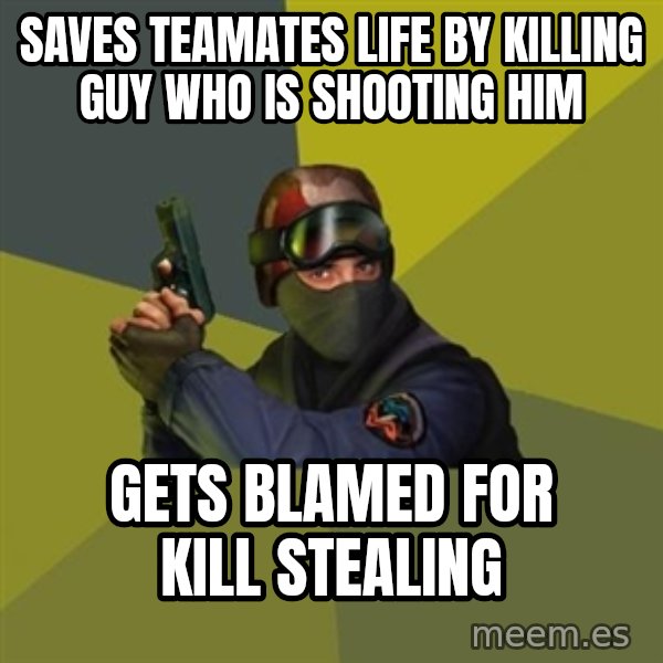 Counter Strike meme: Saves teamates life by killing guy who is shooting him / gets blamed for kill stealing
