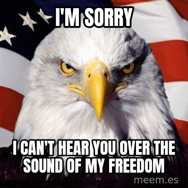 American Pride Eagle meme: I'M SORRY / I CAN'T HEAR YOU OVER THE SOUND OF MY FREEDOM