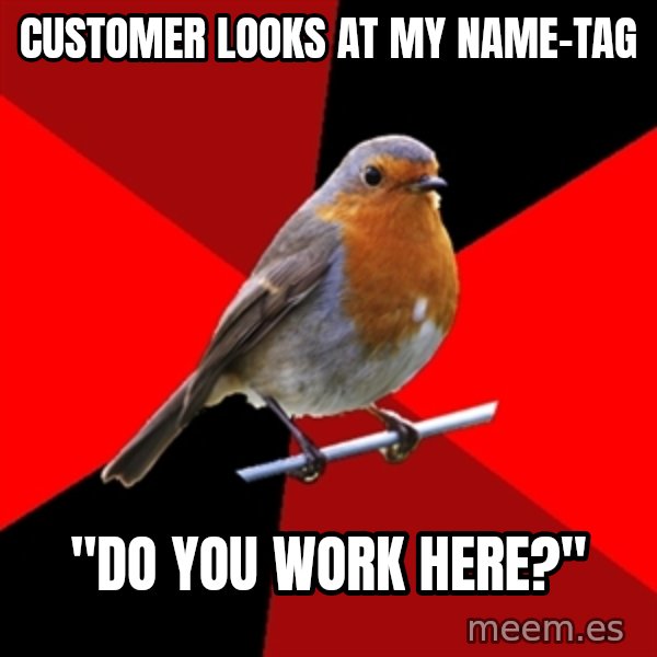 Retail Robin meme: Customer Looks at my name-tag / "do you work here?"