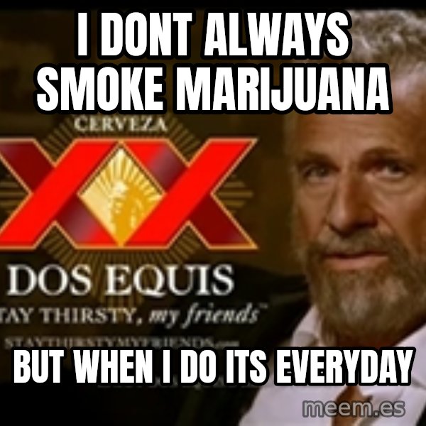 The Most Interesting Man In The World meme: I DONT ALWAYS SMOKE MARIJUANA / BUT WHEN I DO ITS EVERYDAY