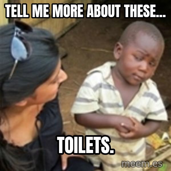 Skeptical 3rd World Kid meme: tell me more about these... / toilets.