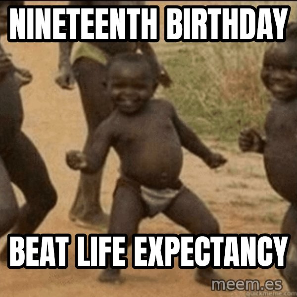 Third World Success meme: Nineteenth birthday / beat life expectancy