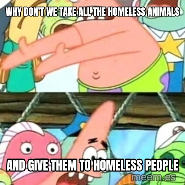 Push it Somewhere Else Patrick meme: why don't we take all the homeless animals / and give them to homeless people