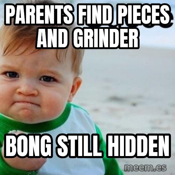 Success Kid meme: Parents find pieces and grinder / bong still hidden